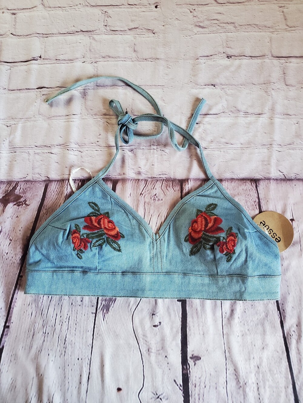 Light Blue Denim Halter Bralette with Red Rose Embroidery Bohemian Beachy Large